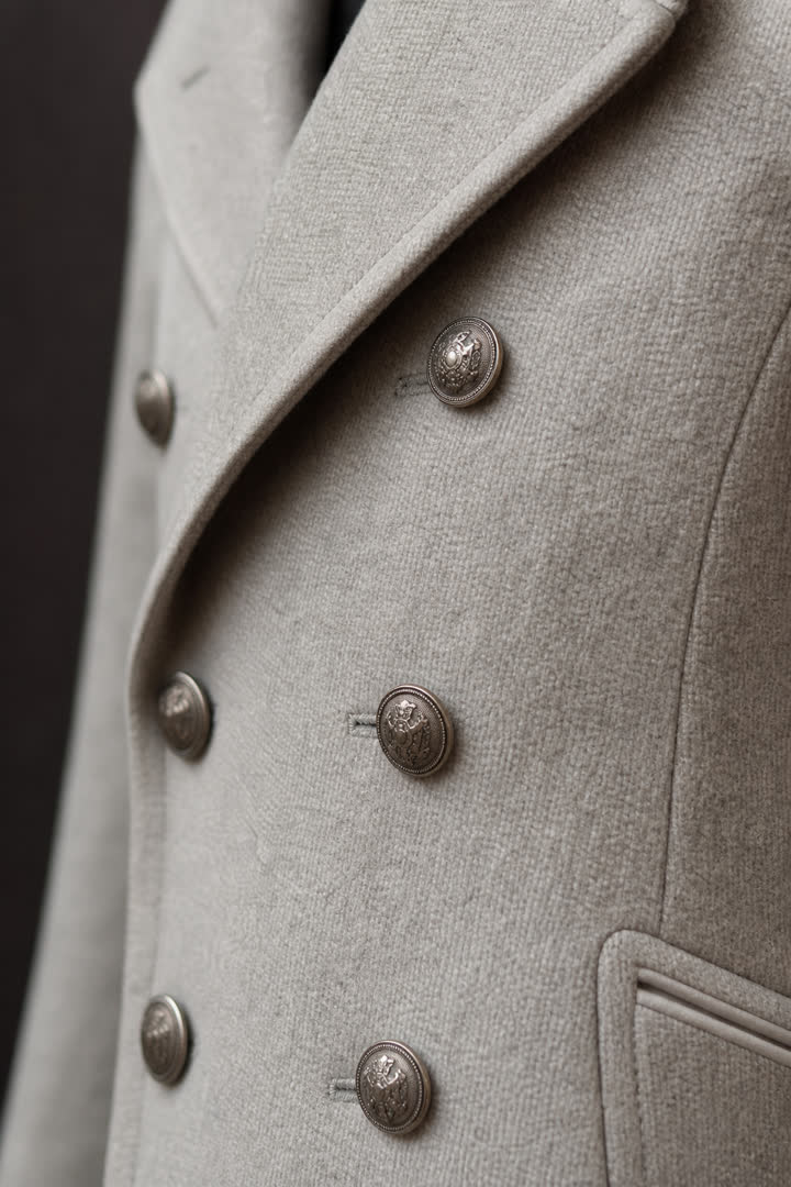 Détail de tissu et boutons d'une redingote en laine fine