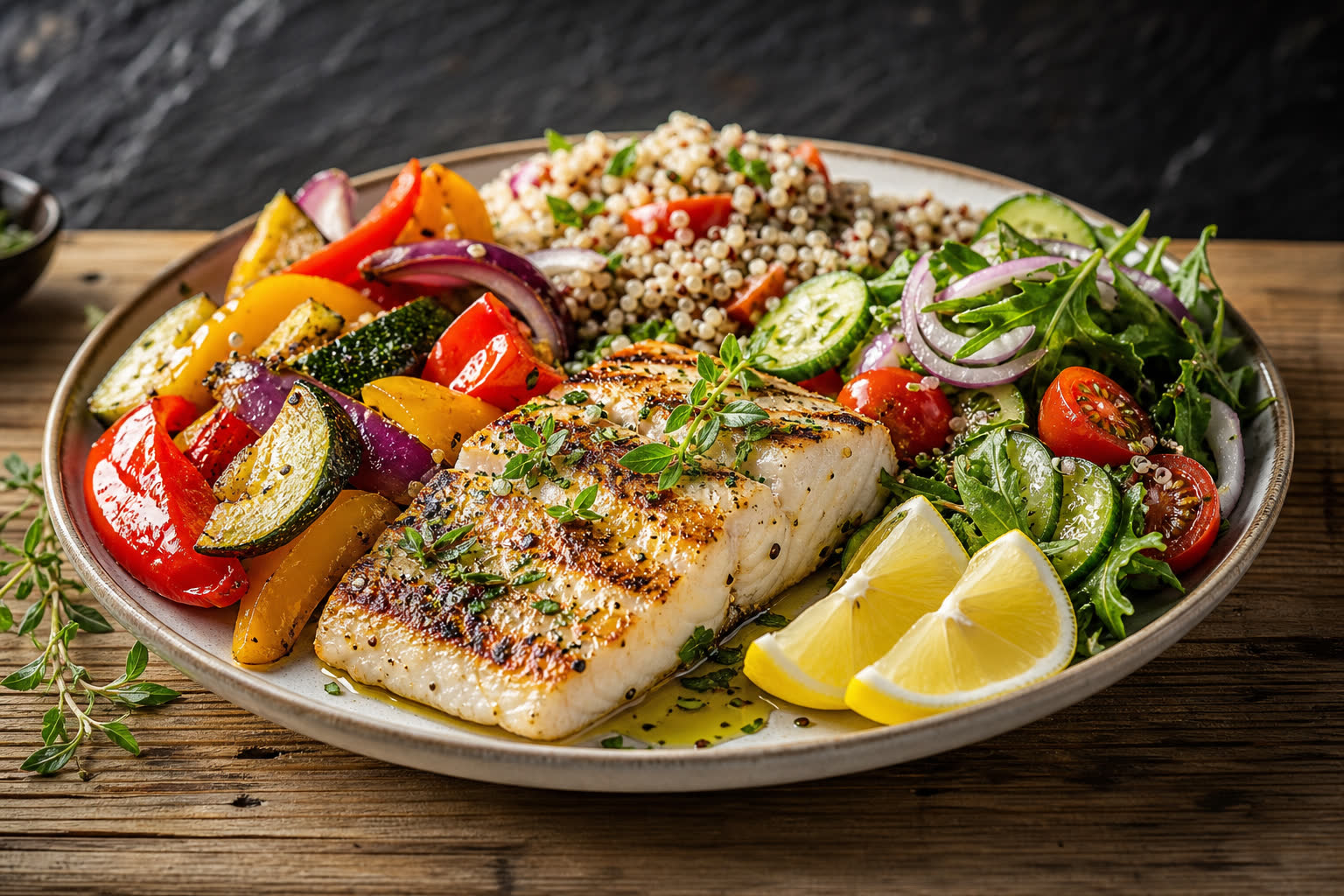 Assiette méditerranéenneéquilibrée avec poisson grillé et légumes colorés