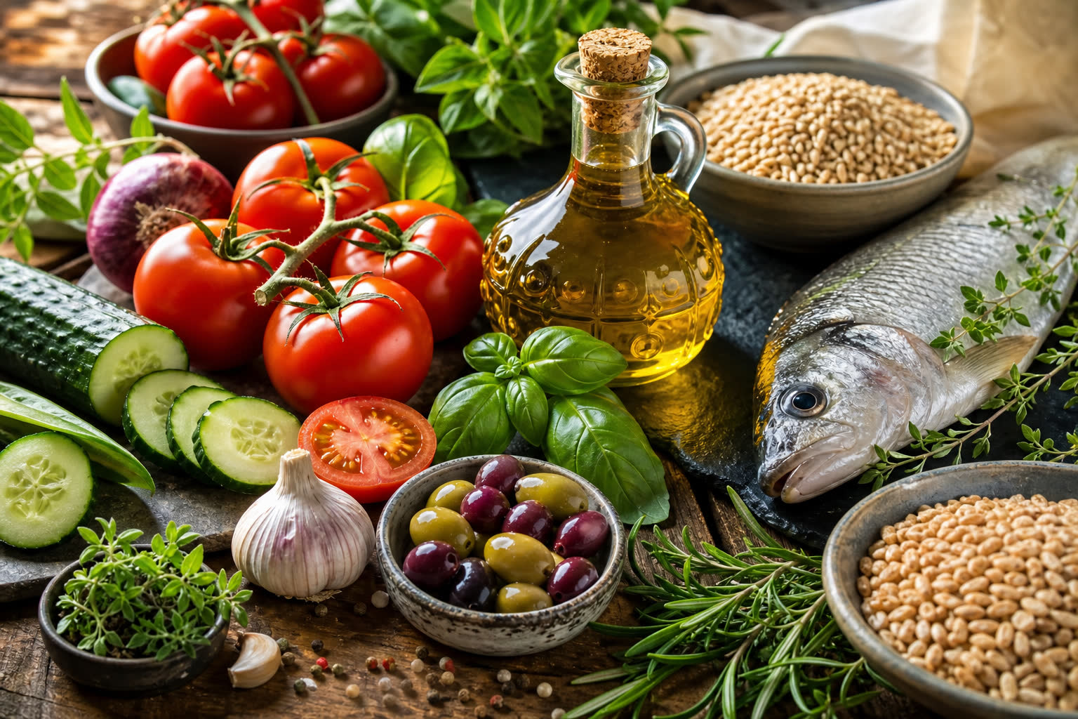 Ingrédients du régime méditerranéen : légumes, olives, poisson et huile d'olive
