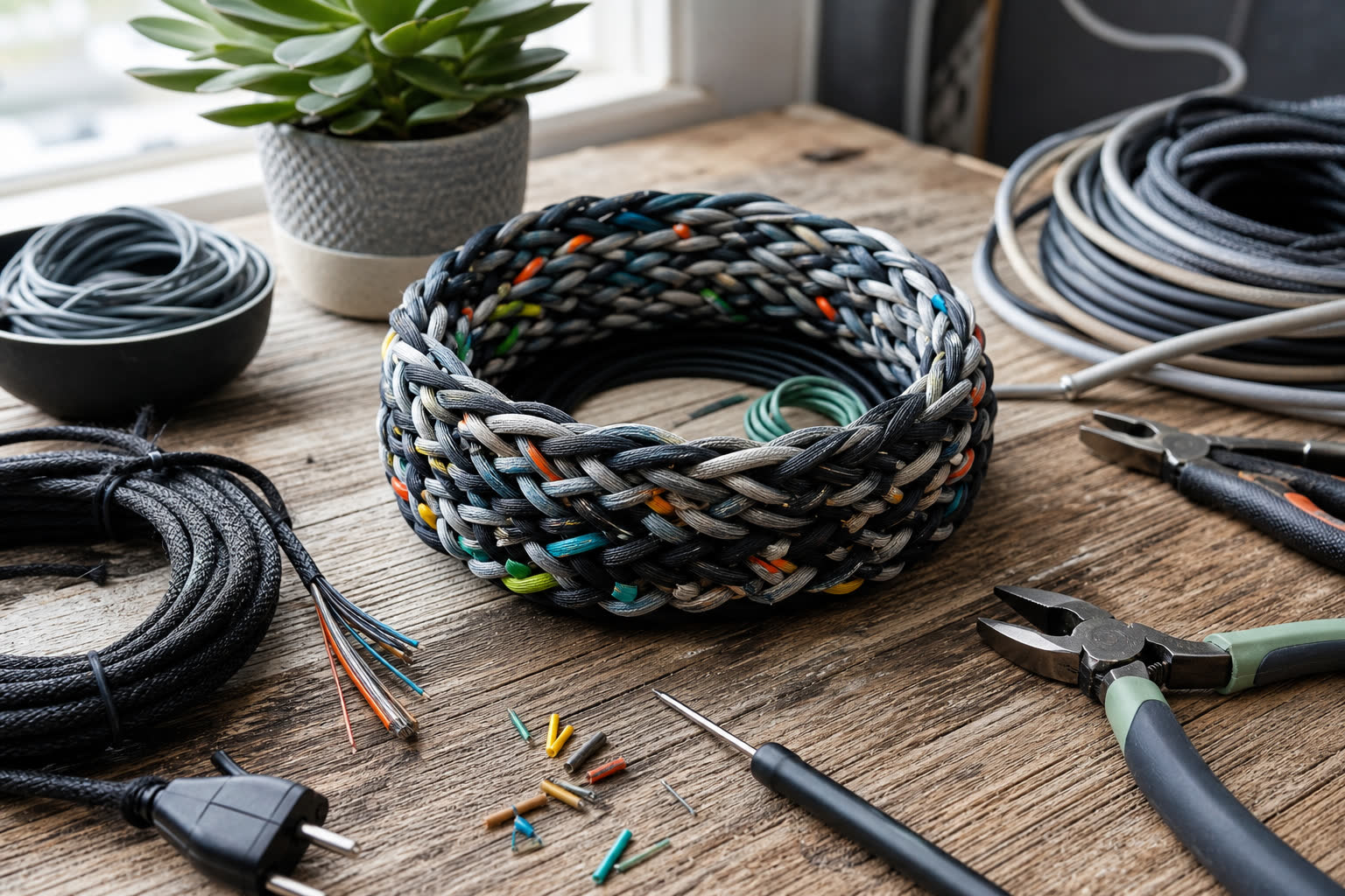 Atelier DIY de recyclage de câbles avec outils sur plan de travail