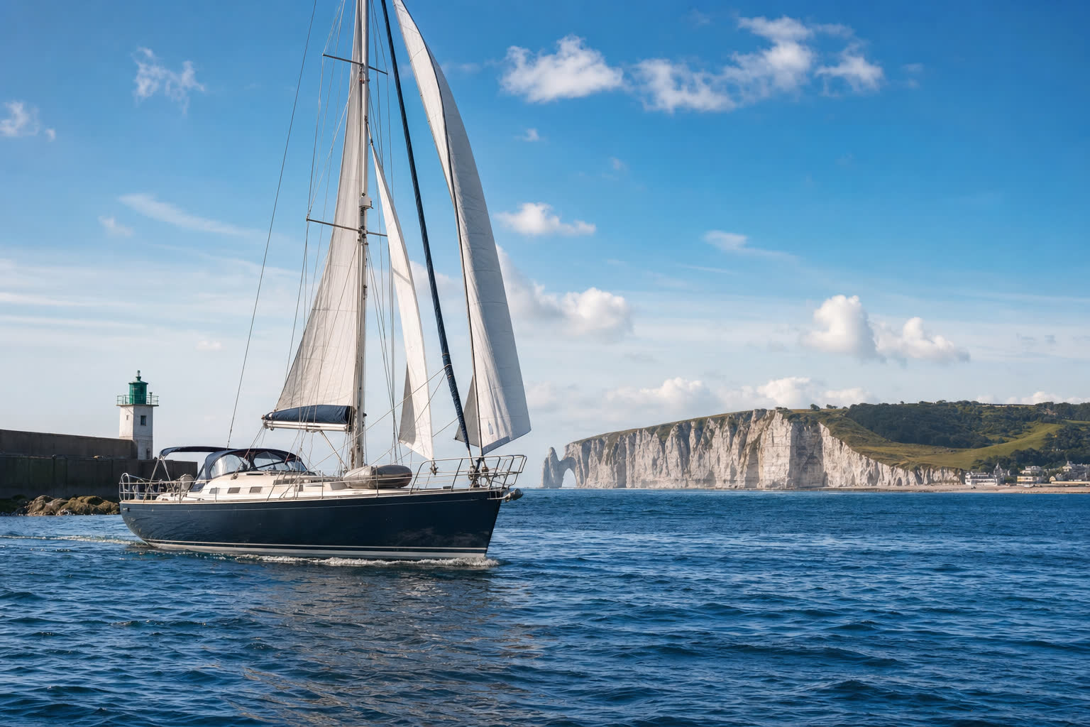 Voilier quittant le port de Fécamp avec la falaise d'Étretat en arrière-plan