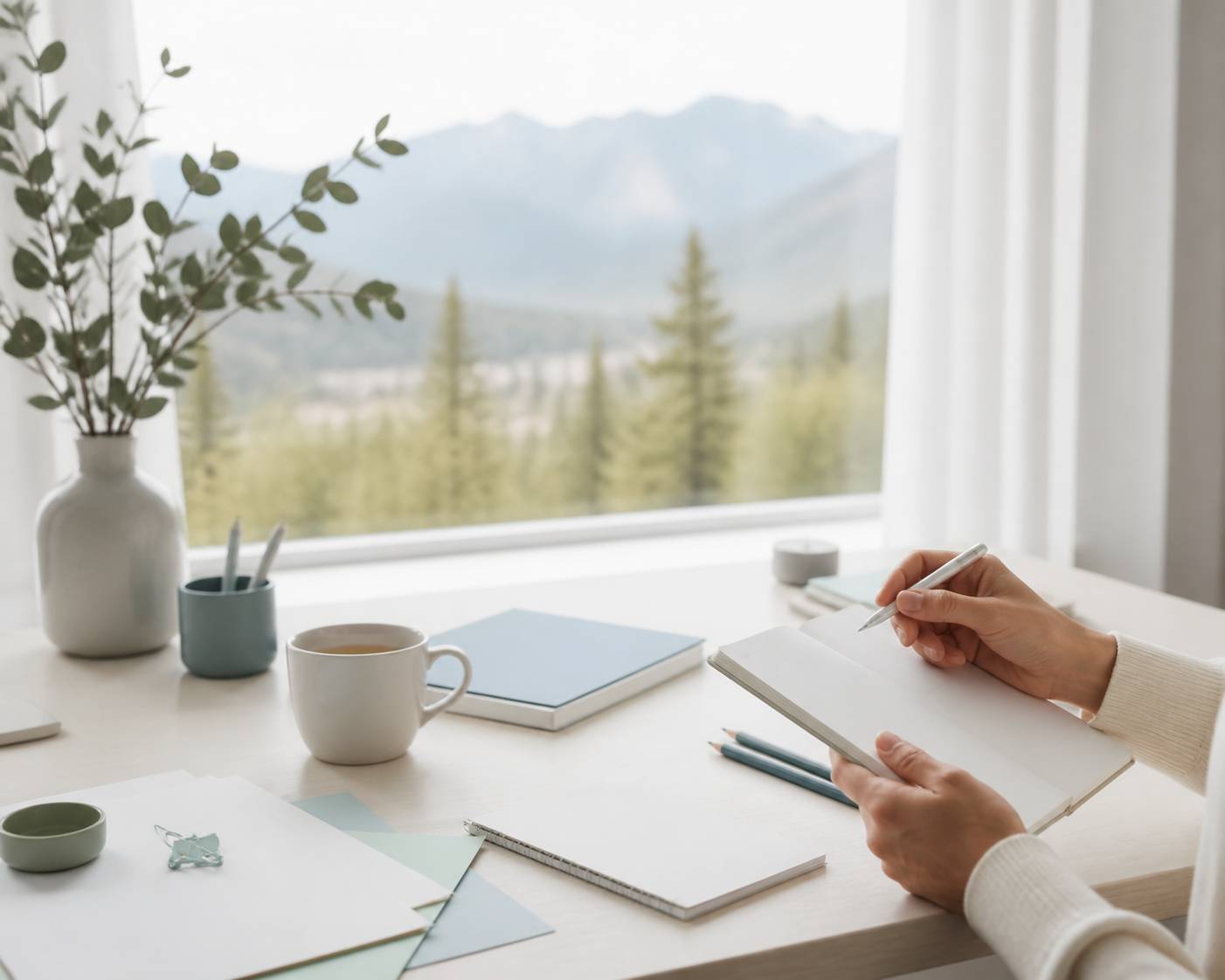 Mains tenant un carnet et un stylo sur une table d'atelier lumineuse
