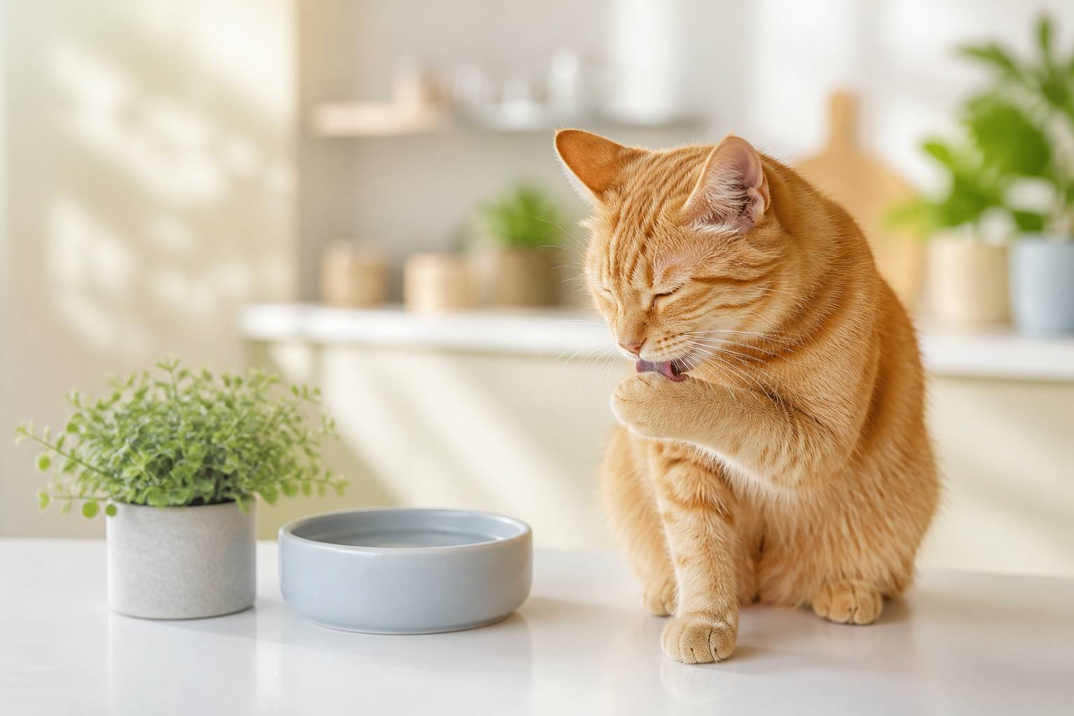 Gros plan d'un chat roux léchant sa patte près d'une gamelle d'eau