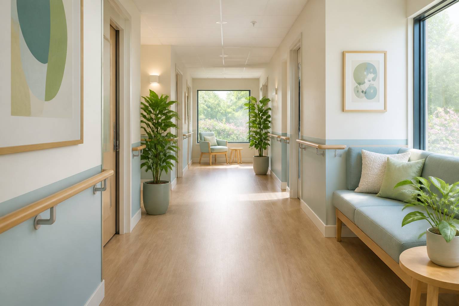 Couloir clair de résidence senior avec rampes en bois et plantes vertes