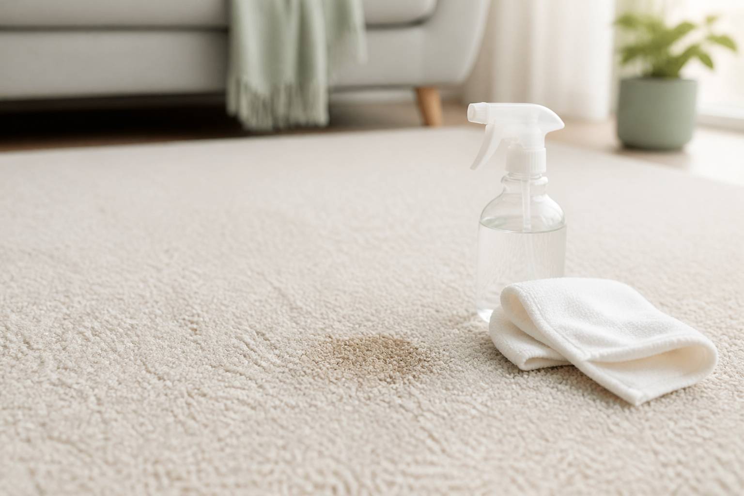 Tapis à fibres claires avec tache en cours de traitement et vaporisateur sans étiquette