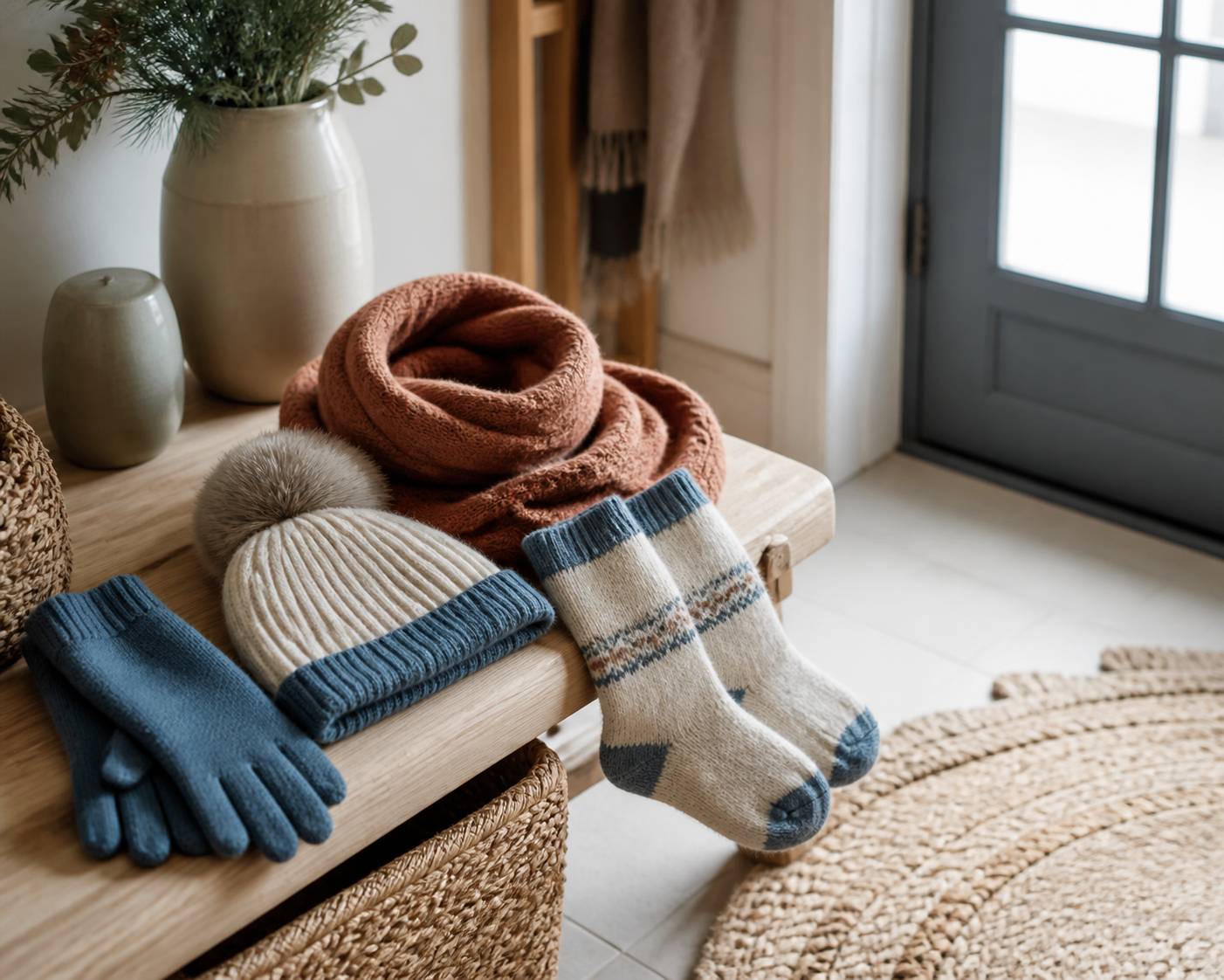 Gants, bonnet et écharpe en laine préparés contre le froid