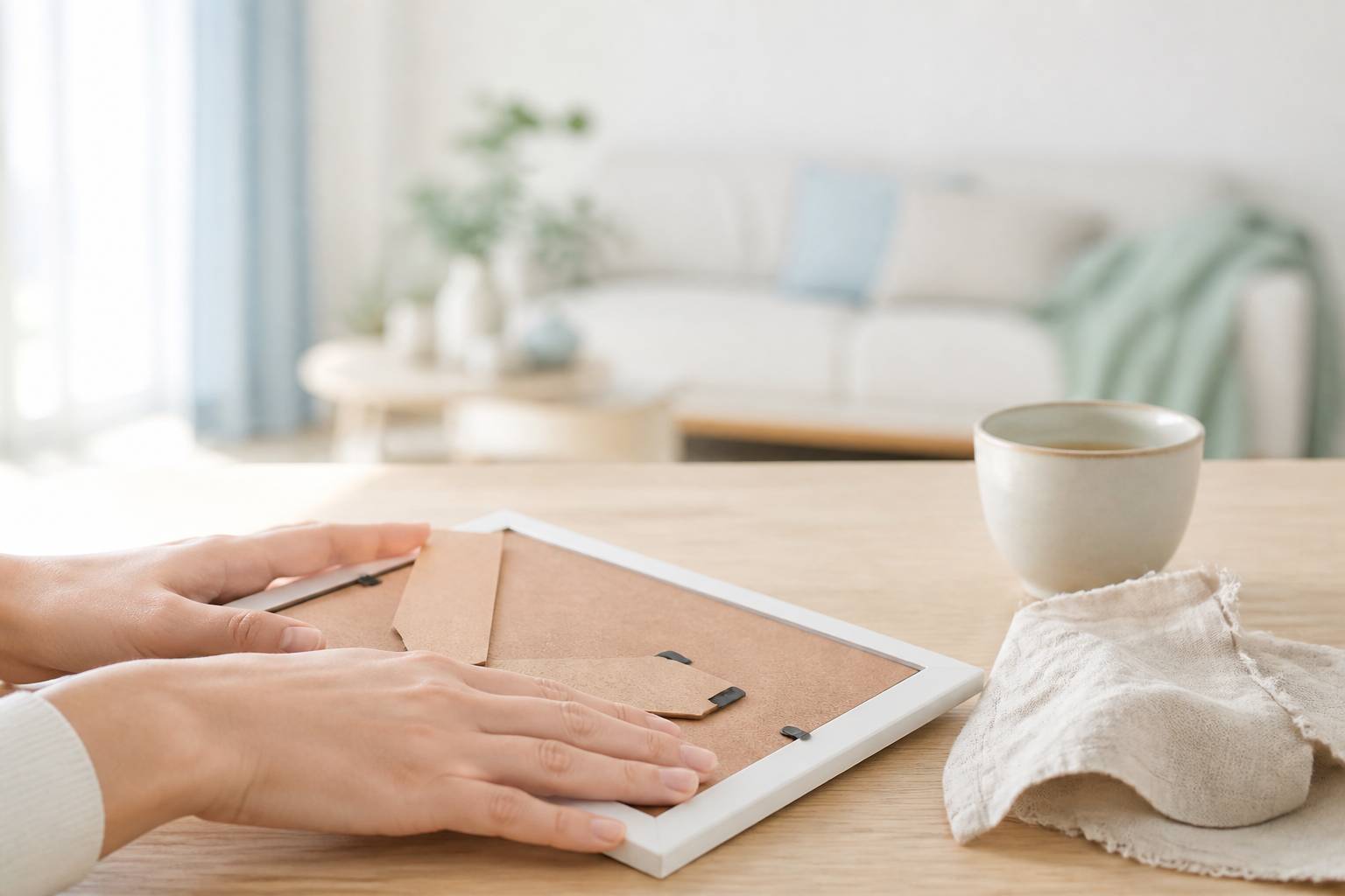 Mains tenant doucement un cadre photo sur une table avec une tasse de thé