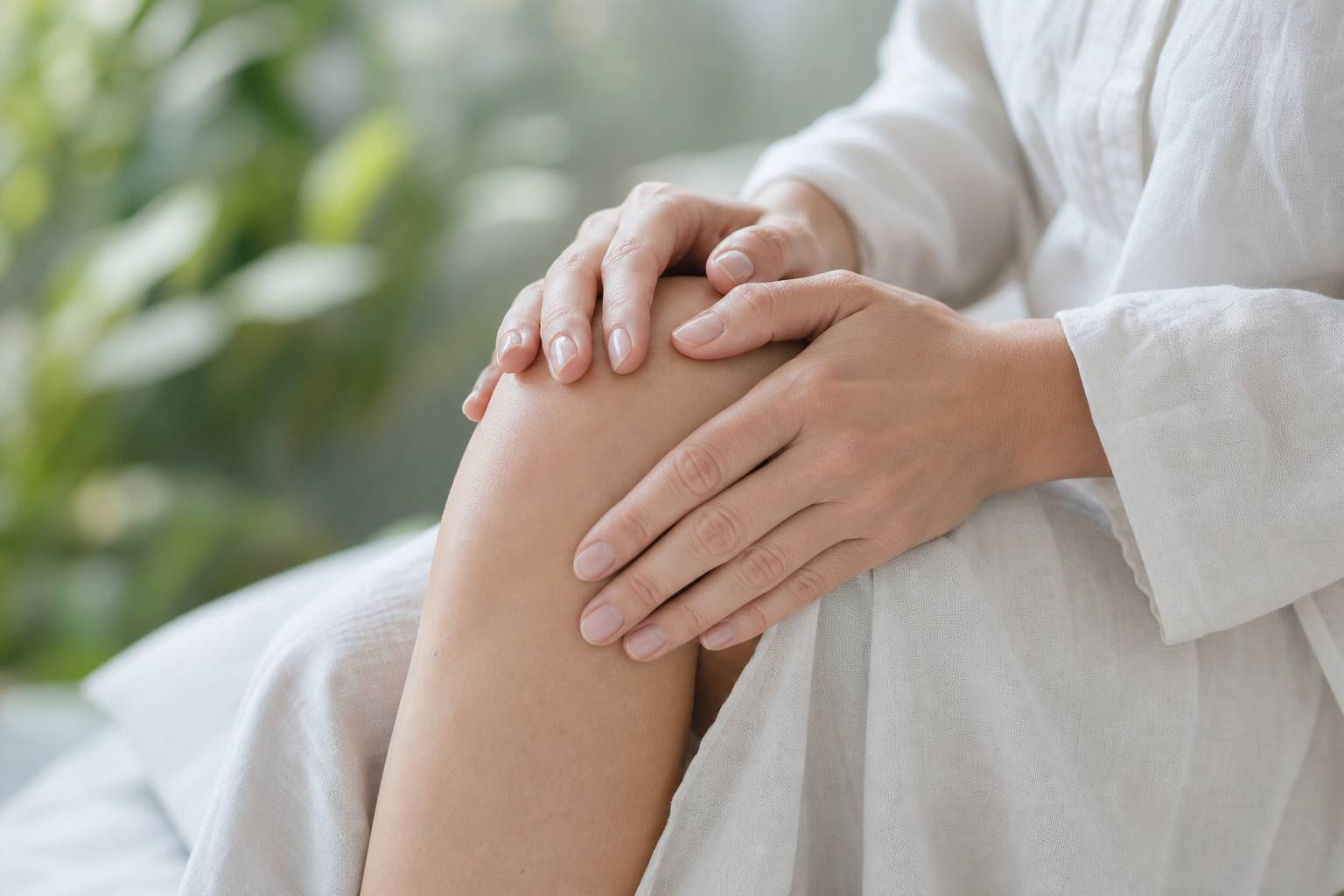Gros plan de mains reposant doucement sur un genou, tissu de lin clair et lumière naturelle apaisante