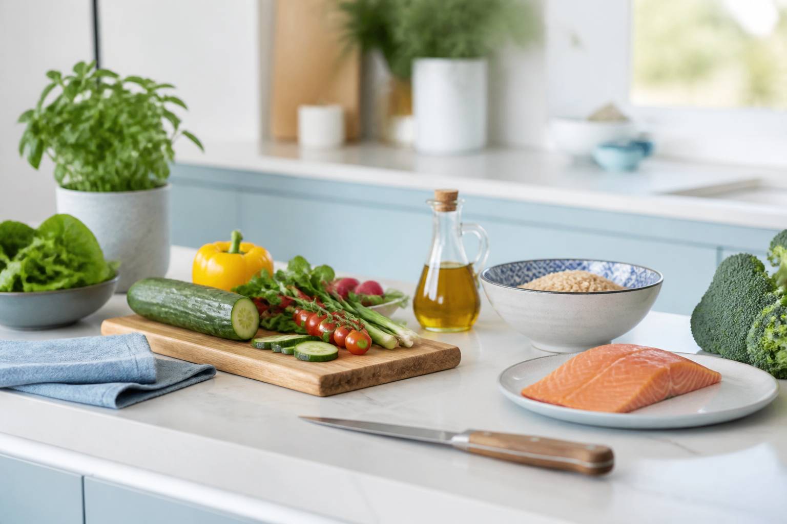 Ingrédients d'un repas léger : légumes frais, céréales et poisson