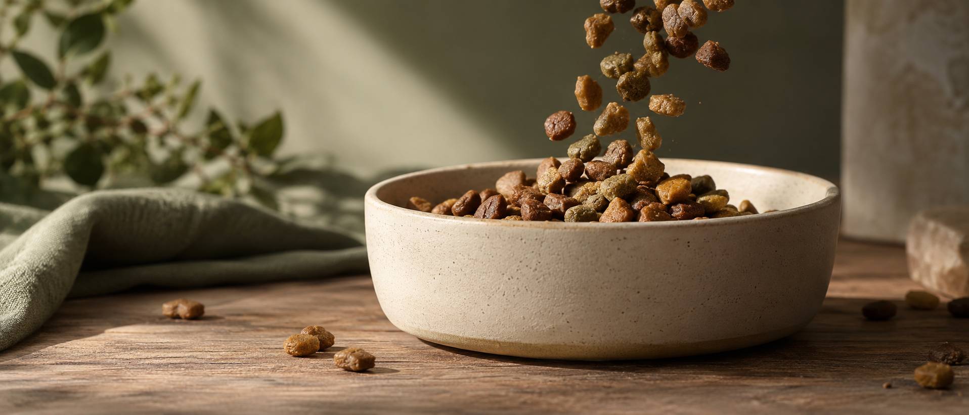 Croquettes naturelles versées dans une écuelle en céramique claire