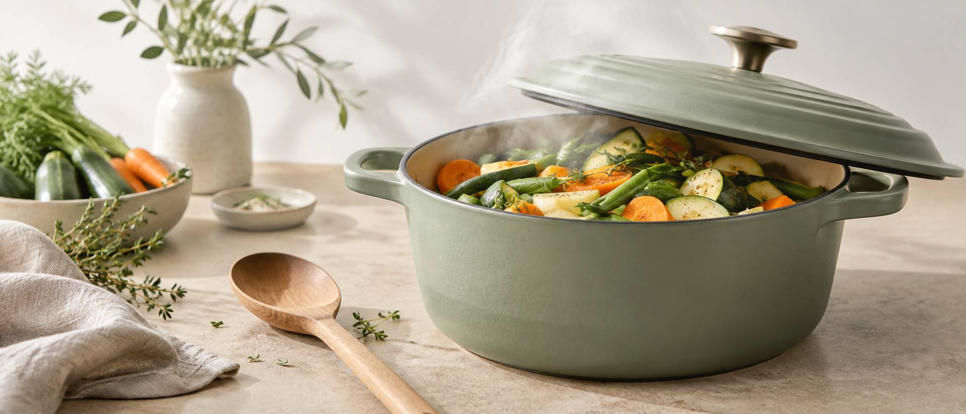 Couvercle souleve au-dessus d'une cocotte de legumes vapeur