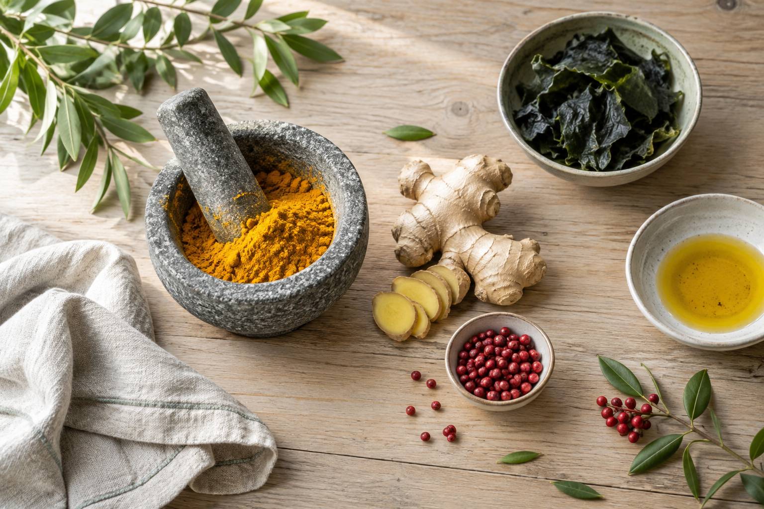 Curcuma, gingembre, baies rouges et algues sechees sur un plan de travail en bois clair
