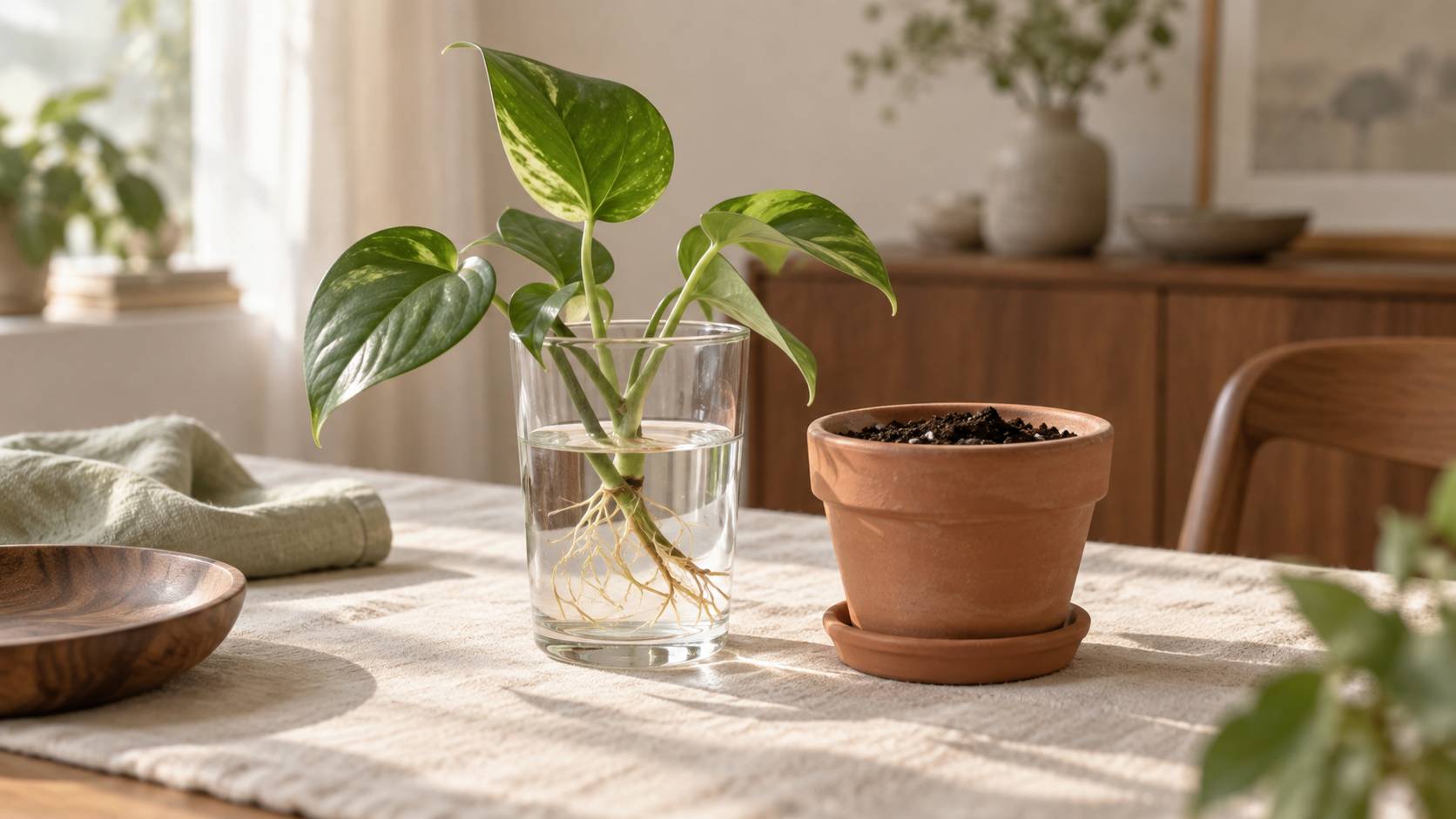 Bouture de forsythia dans un verre d'eau sur une table claire
