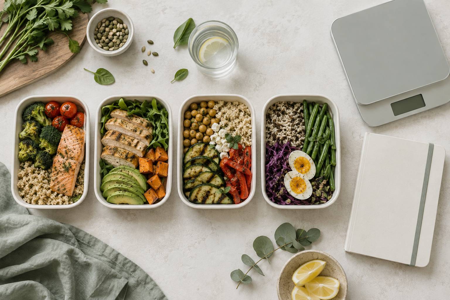 Plusieurs barquettes-repas equilibrees alignees avec pese-aliments