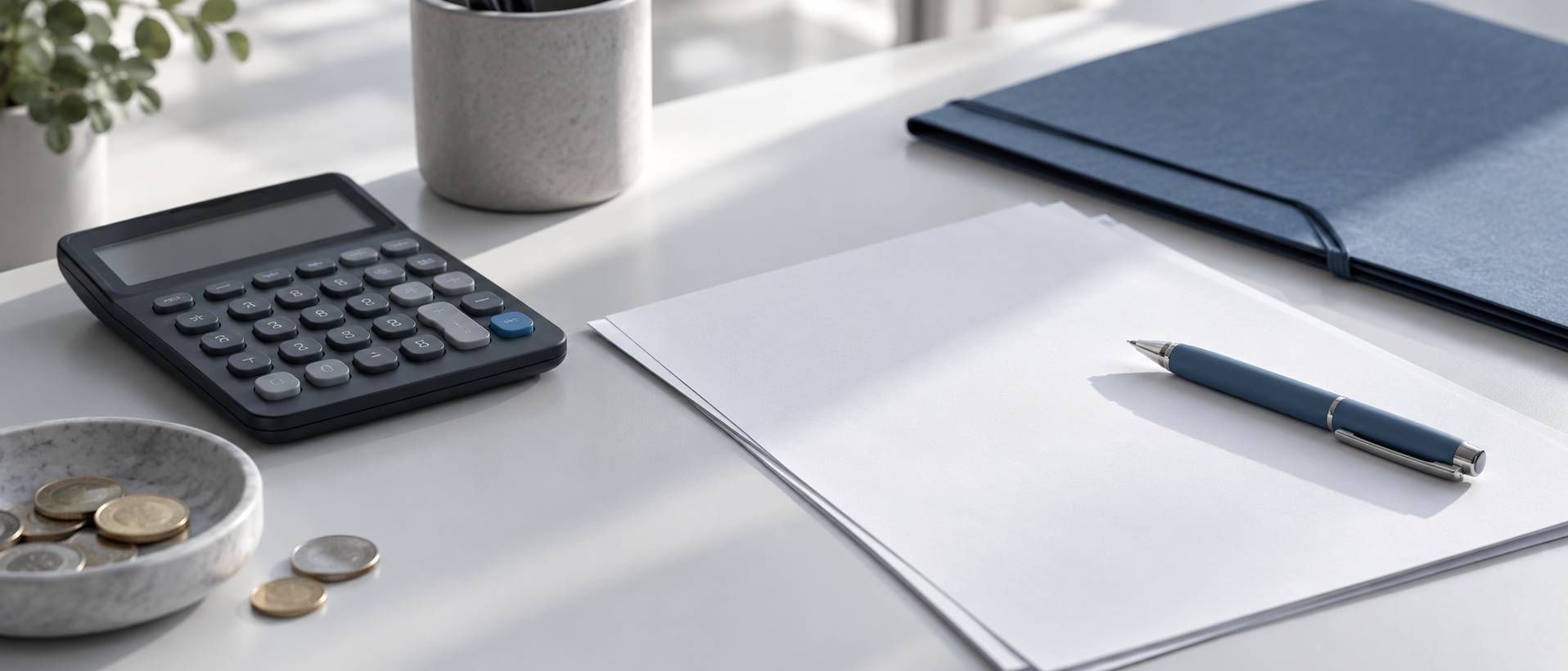 Calculatrice et feuilles vierges sur un bureau clair