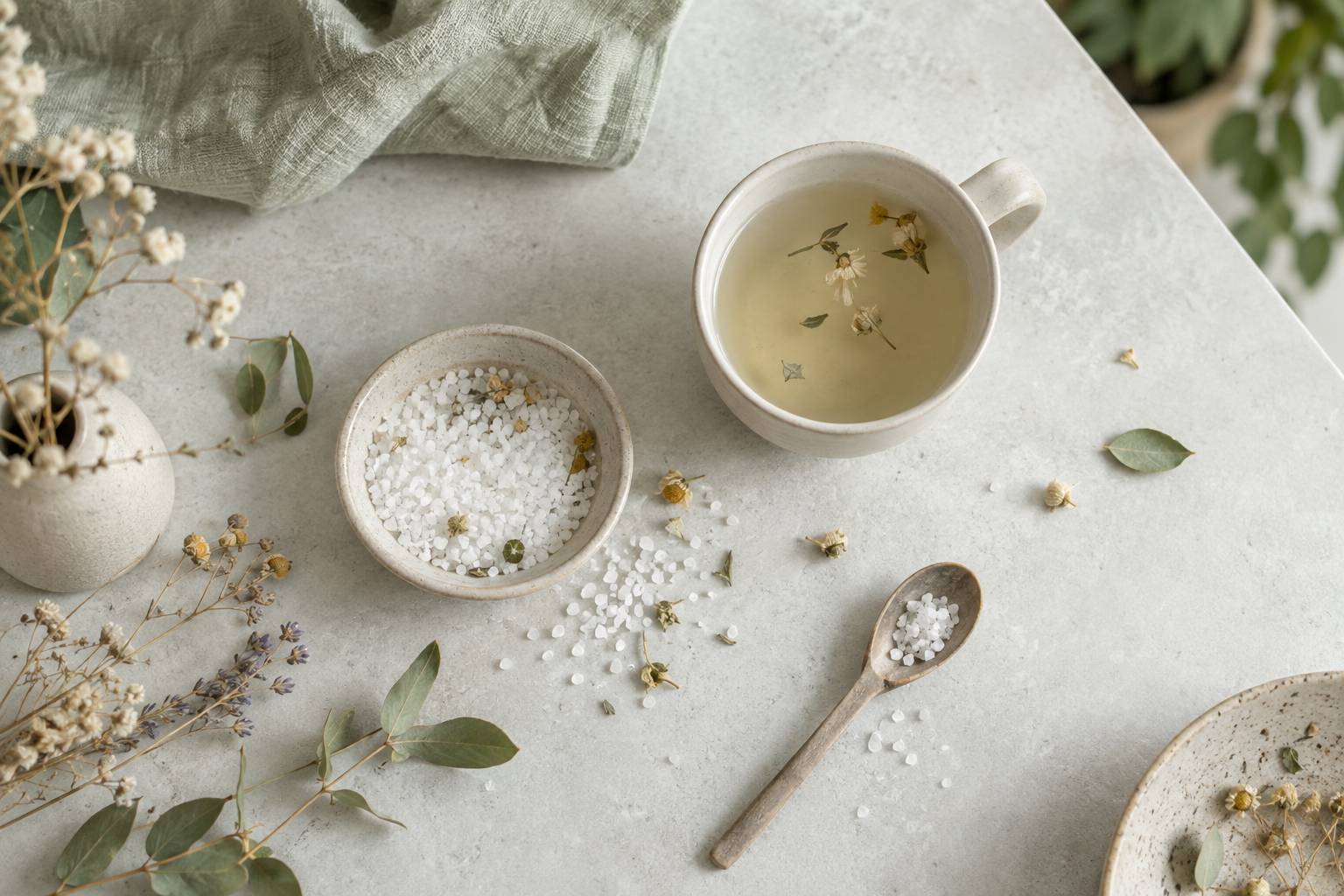 Granules blanches et infusion de camomille sur une table de cuisine lumineuse