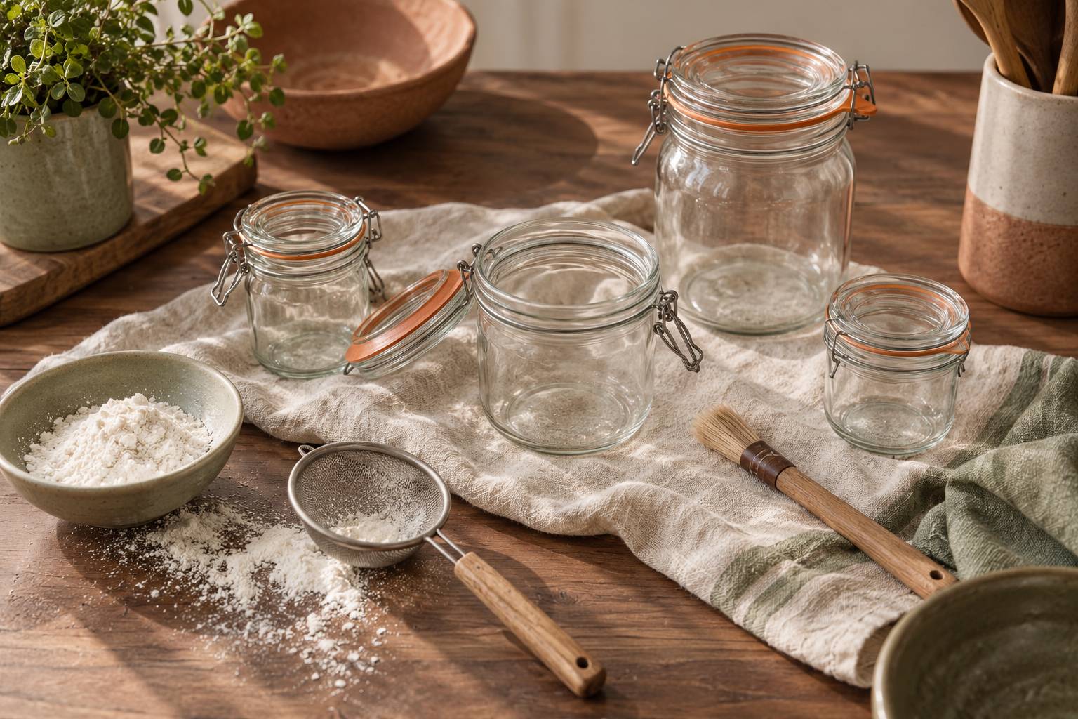 Bocaux vides, pinceau et chiffon sur un plan de travail de cuisine